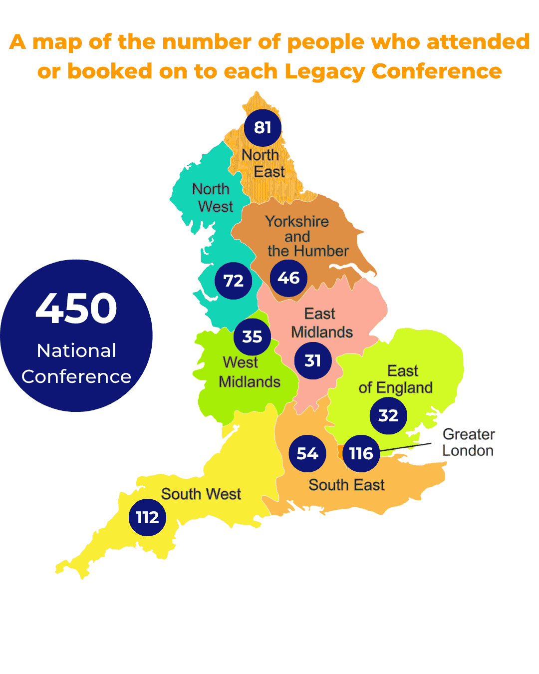 Map of the number of people who attended or booked on to each legacy conference