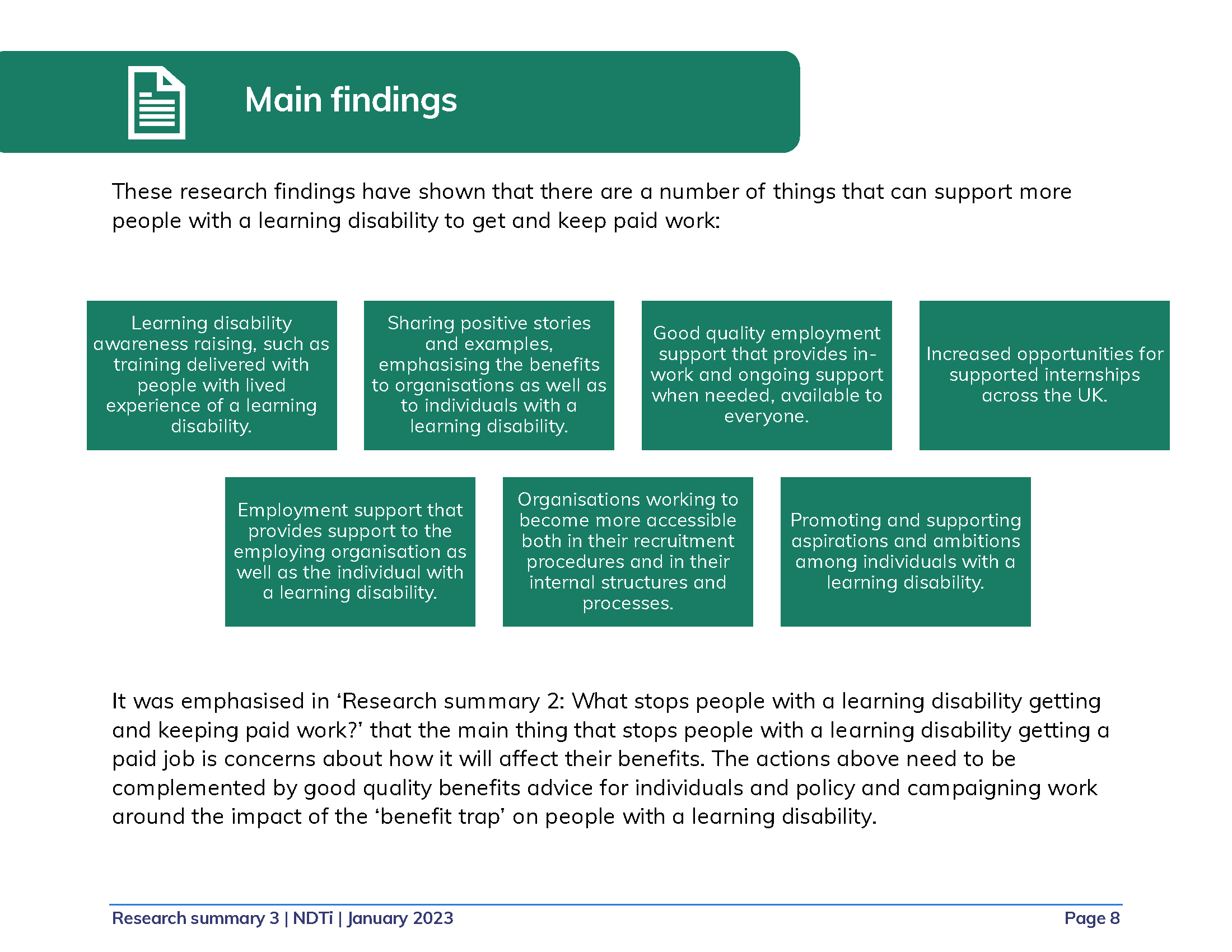 Main findings from Summary 3: What can be done to support people with a learning disability to get and keep paid work?