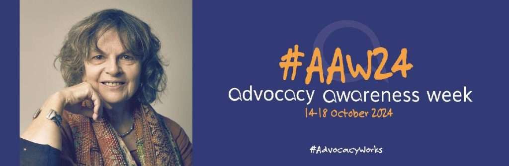 Photo of Nicola Grove and an AAW24 logo