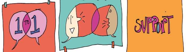 Illustration. 1 to 1 inside speech bubbles. Drawing of two people's faces inside speech bubbles. The word support.