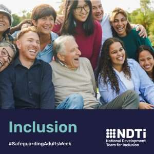 A group of diverse people are all sitting together. They are outdoors, smiling and looking to their left as if into a camera. Beneath is the word inclusion.