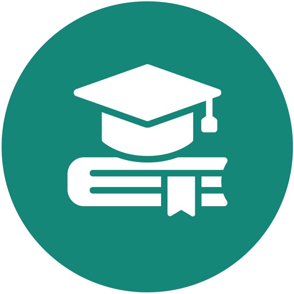 Green circle icon with white teacher hat shape on a book.