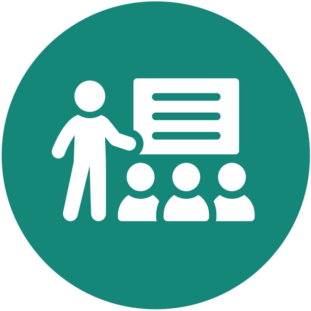 Green circle icon. Shape of teacher, screen and three people looking on.