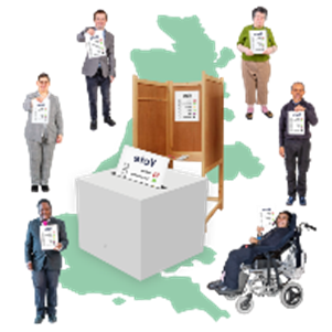 Photo symbol image map of UK, a voting box and different people holding voting cards.