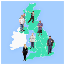 Photo symbol image of a map of the UK with people standing on it