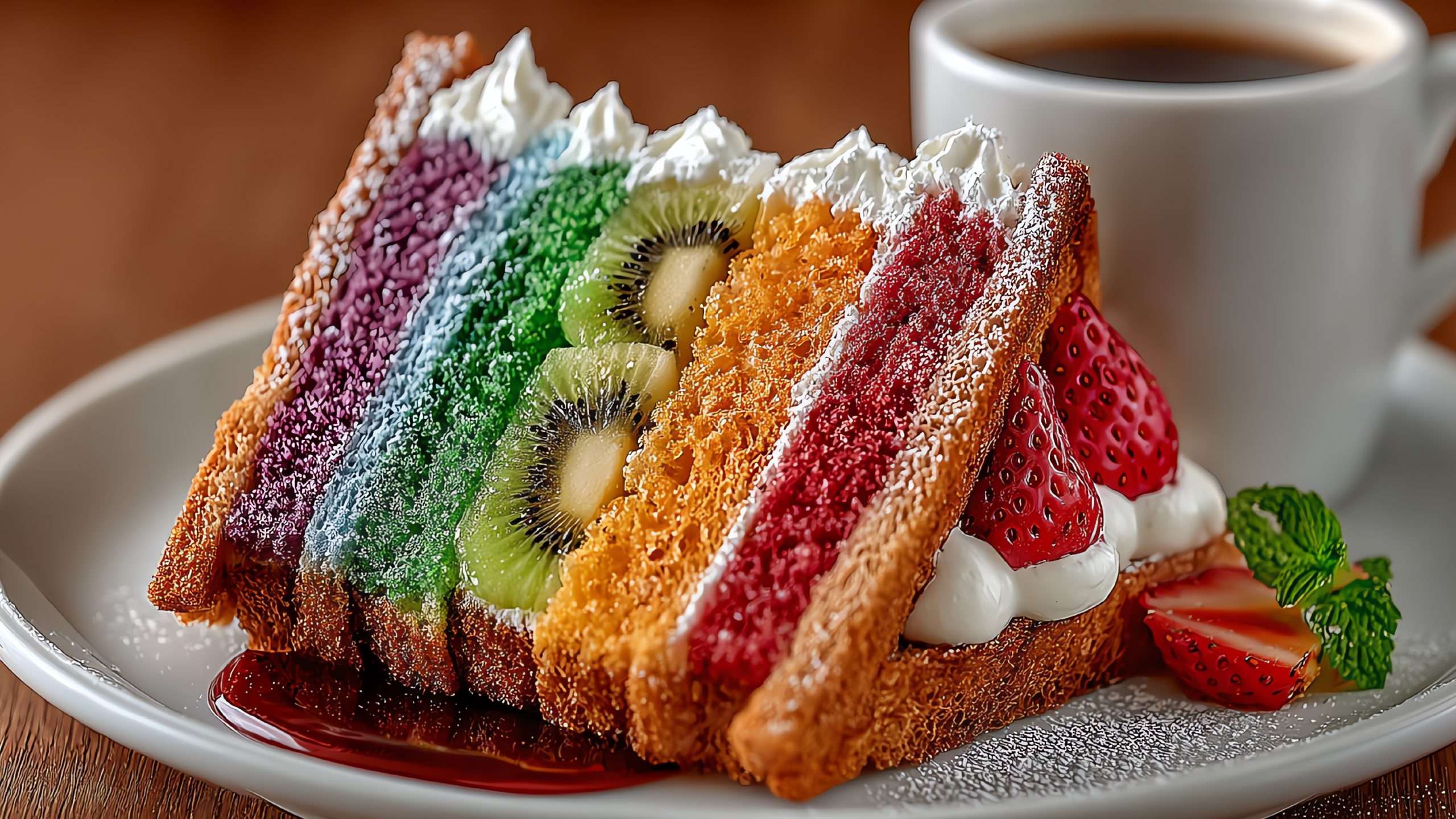 A slice of layered rainbow cake with slices of kiwi fruit, strawberry and cream. In the background is a mug with a hot drink.