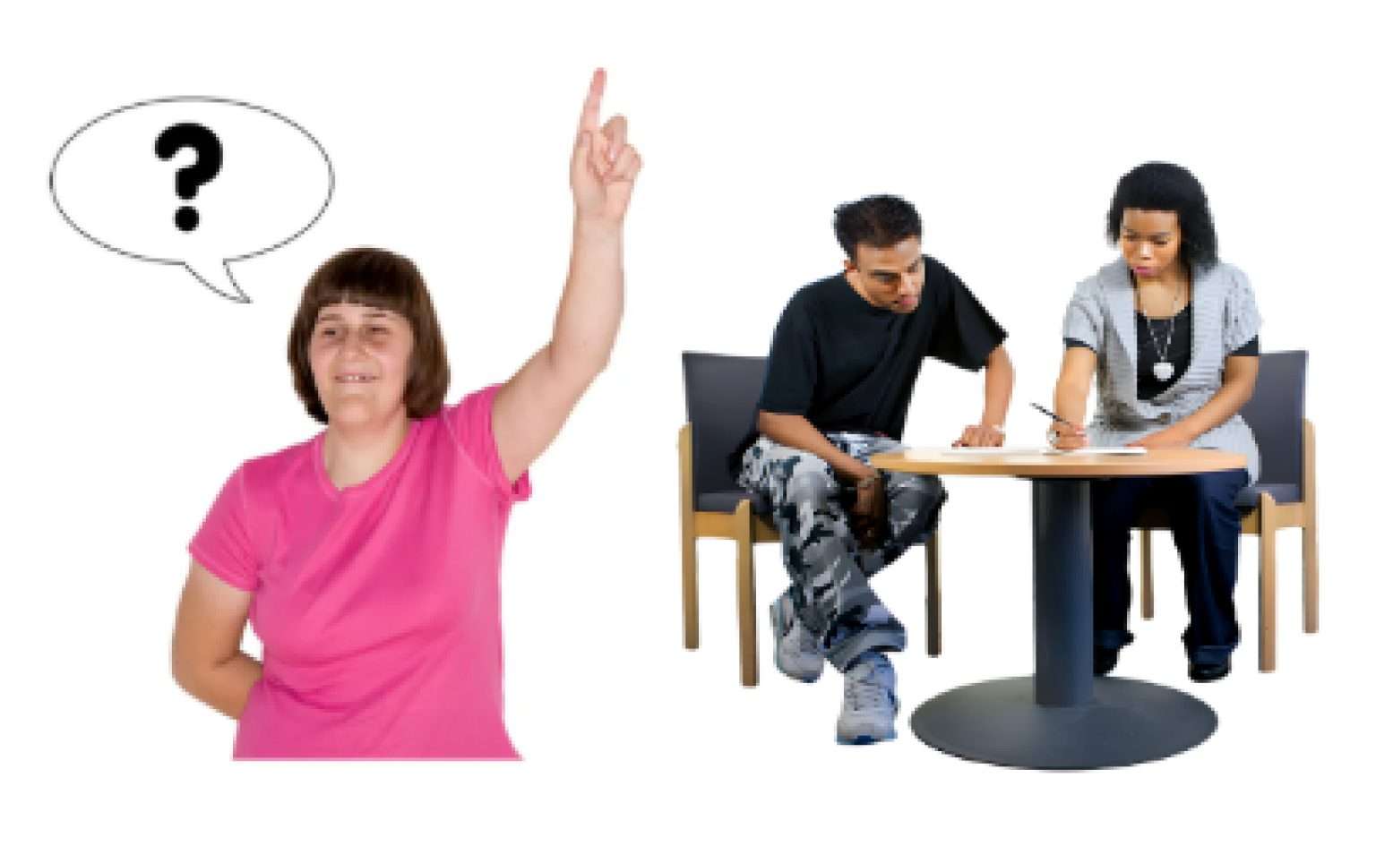 Pic 1: A person with their hand up and a question mark in a speech bubble. Pic 2: Two people sitting at a desk. One is helping the other.