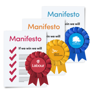 Three documents with coloured rosettes. Each one says 'manifesto'.