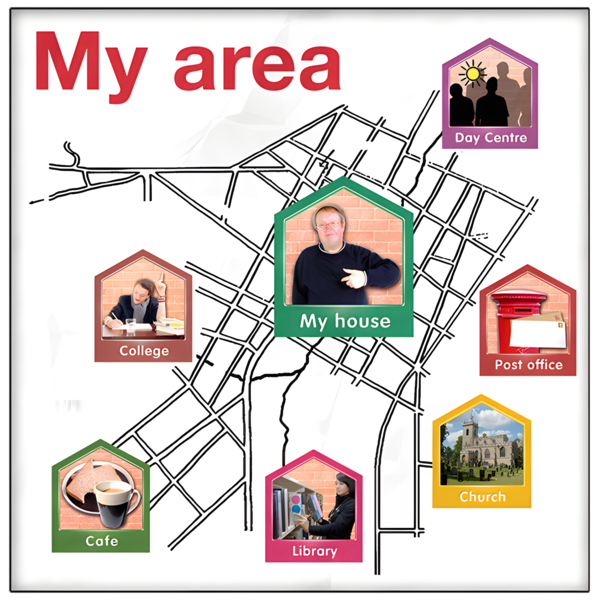 Diagram of a town map with different buildings. It says 'My area'.