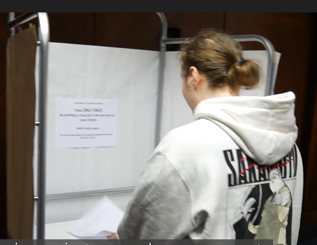 A person is standing in a small space enclosed by screens.