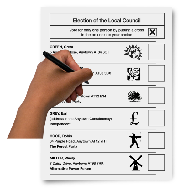 A voting card with choice of who to vote for. There is a hand with a pen hovering above it.