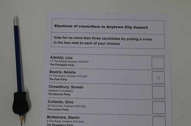 A ballot paper and a pencil. There is a cross in one of the boxes.