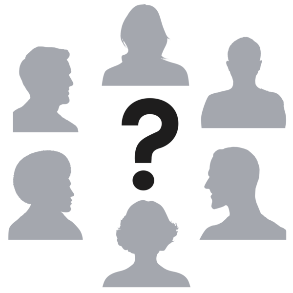 A question mark in the centre. It is surrounded by silhouettes of people's heads.
