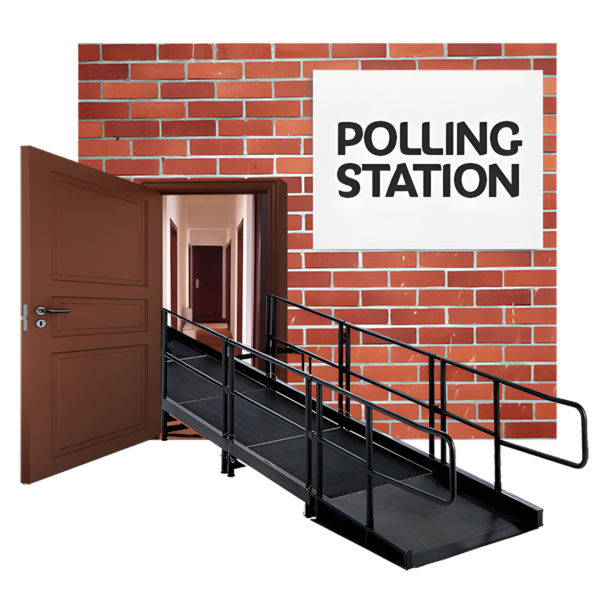 Outside of a polling station with an access ramp going to the doorway.