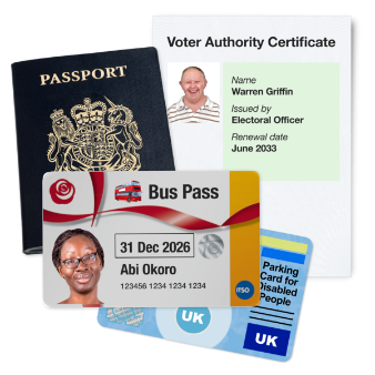 Different types of photo ID: Passport, bus pass, disabled person's parking permit, voter authority certificate