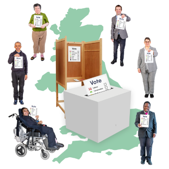 UK map. In the middle is a ballot box. There are people standing around the outside.