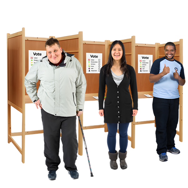 Three people standing in front of polling booths.