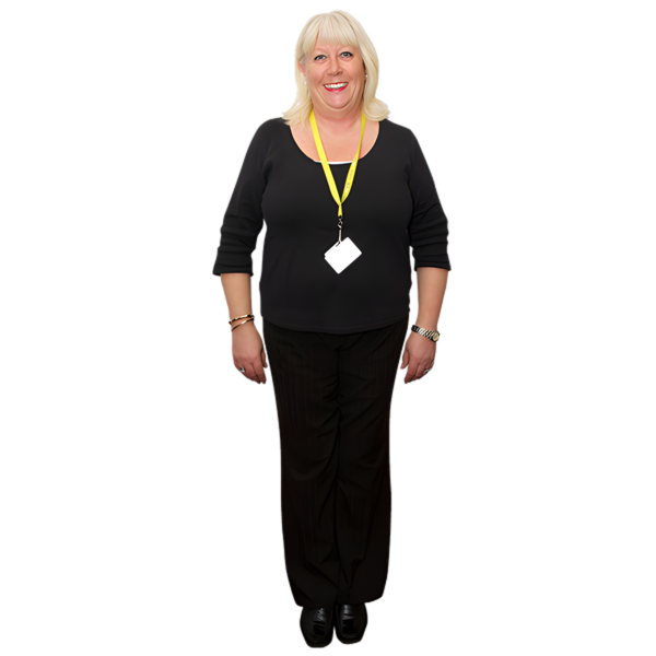 A person standing and smiling. They look official with a lanyard around their neck.