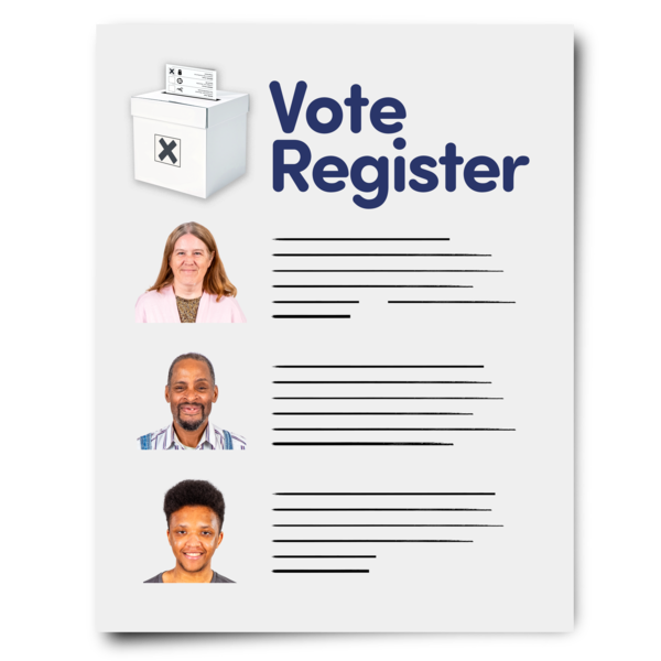 Picture of a document that says Vote Register. Beneath are photos of people and a paragraph of words for each person.