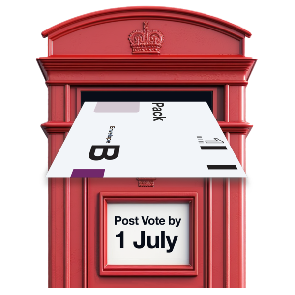 A voting card being posted into a red mail box.