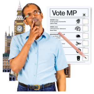 A man standing in front of the Houses of Parliament. He is thinking. Next to him is a voting slip.