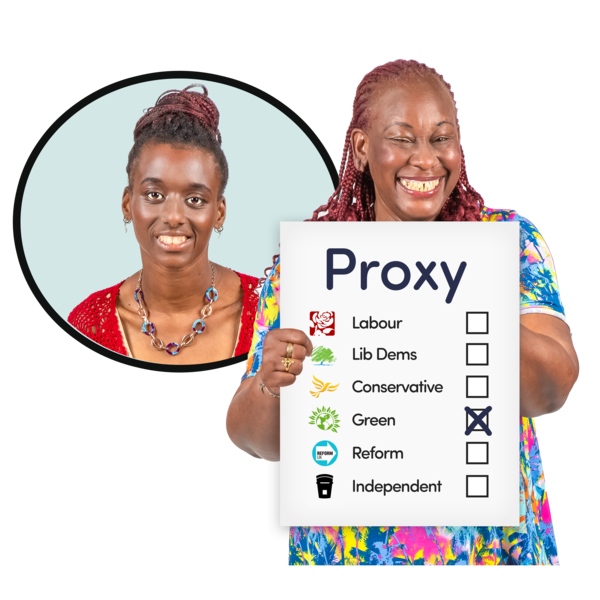 Someone is in a circle. There is a person standing next to them and they are holding a voting form that says Proxy.