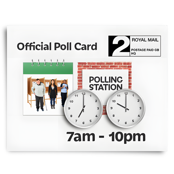 A poll card with details of where the polling station is and the opening times.