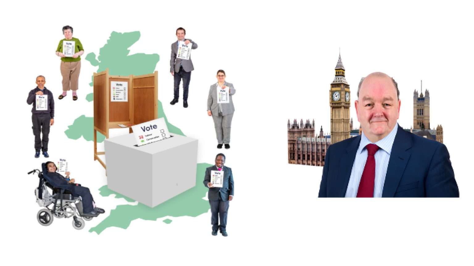 Pic 1: Map of the UK with a ballot box in the middle and people standing around. Pic 2: Houses of Parliament with a man in a suit outside.