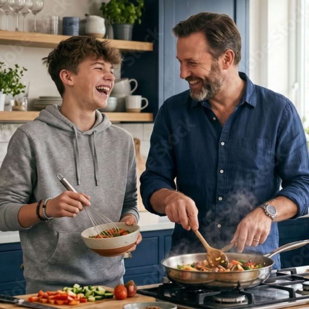 A young person is in the kitchen with an adult. They are cooking together and smiling. The young person has a bowl and the adult has a frying pan.